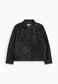 Giacca in pelle nera con colletto classico, due tasche frontali e chiusure con bottoni; texture liscia con una leggera lucentezza.