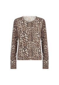Kardigan i leopardmönster med rund hals, framknäppning och ribbad nederkant. Tillverkad av mjukt tyg i bruna och beige toner. Långa ärmar.