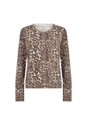 Kardigan i leopardmönster med rund hals, framknäppning och ribbad nederkant. Tillverkad av mjukt tyg i bruna och beige toner. Långa ärmar.