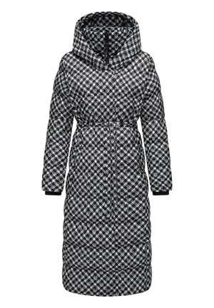 Black and white patterned puffer coat with a hood, belted waist, long sleeves, and quilted texture, featuring ribbed cuffs and a zip front.