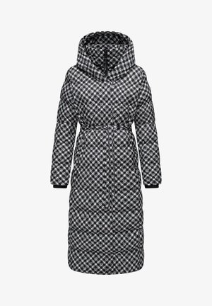 Cappotto puffer a motivi bianco e nero con cappuccio, vita bloccata, maniche lunghe e texture trapuntata, con polsini a coste e chiusura con zip.