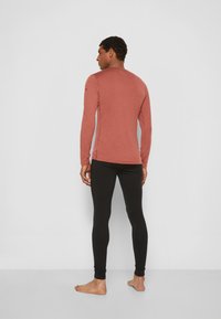 Long-sleeve, rust-colored top with a smooth texture, paired with black leggings. The top features a round neckline and fitted design.