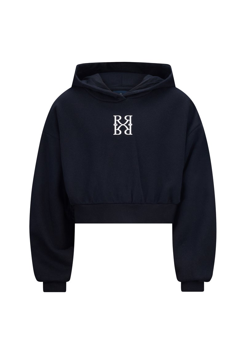 Felpa nera tagliata con cappuccio, con tasca a marsupio anteriore, design oversize, polsini a costine e un logo bianco stampato sul petto.