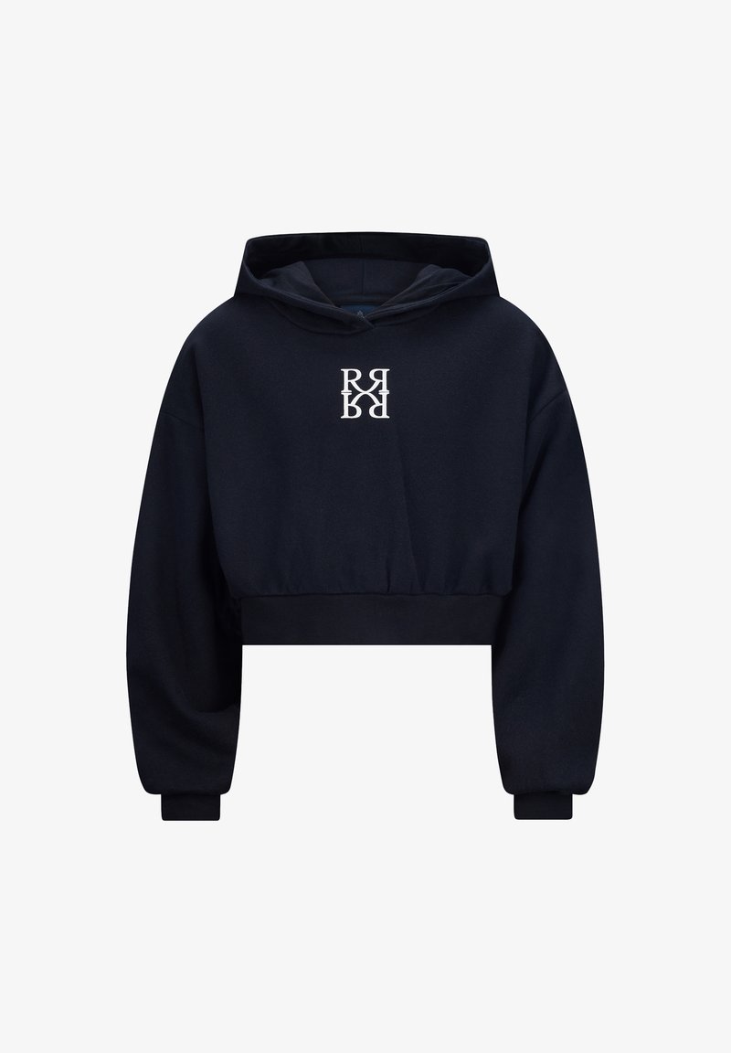 Felpa nera tagliata con cappuccio, con tasca a marsupio anteriore, design oversize, polsini a costine e un logo bianco stampato sul petto.