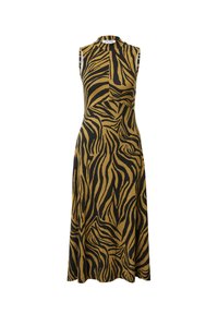Ärmelloses Midikleid mit einem gelb-schwarzen Zebra-Print. Strickstoff mit hohem Kragen und tailliertem Oberteil, das sanft zum Saum ausläuft.