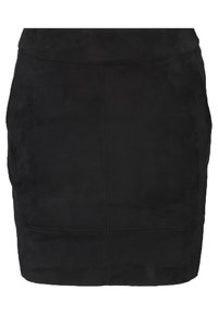 Gonna mini in suede nera, design fitted, texture liscia, con dettagli di cucitura sottili e orlo dritto. Nessuna tasca visibile o decorazioni.