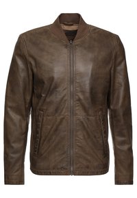 Giubbotto bomber in pelle marrone con colletto a coste, chiusura anteriore con zip e due tasche laterali. Tessuto liscio con una finitura leggermente usurata.