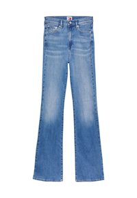 Světle modré džíny z denimu s vysokým pasem a rozšířenými nohavicemi, vybavené zapínáním na knoflík a zip a předními a drobnými kapsami.