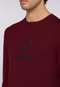 Burgundský svetr s kulatým výstřihem vyrobený z měkké pleteniny; má vyšívané námořnické logo a název značky "TRUSSARDI" na přední straně.