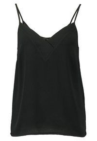 Zwarte mouwloze cami-top met dunne dubbele bandjes en een V-halslijn met overlappend stofdetail.