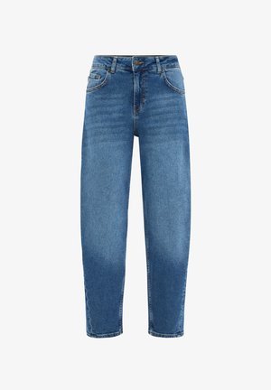 Modré džínové kalhoty s rovnýma nohavicema, pěti kapsami a vybledlým efektem na spodní části. Mají zapínání na knoflík a poutka na opasek.