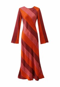 Robe longue à manches longues aux motifs rayés orange, rose et rouge. Comprend un corsage ajusté et des manches évasées avec un col rond.