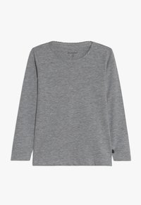 Szary długi rękaw T-shirt wykonany z miękkiego materiału, z okrągłym dekoltem, prostym wzorem i małą metką z logo po dolnej stronie.