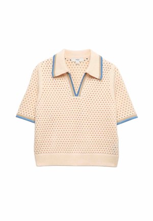 Polo a maniche corte in maglia beige con motivo a trama aperta, rifiniture blu su colletto e maniche, e scollo a V.