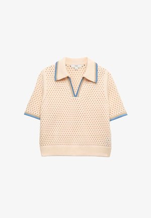 Polo a maniche corte in maglia beige con motivo a trama aperta, rifiniture blu su colletto e maniche, e scollo a V.