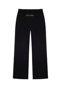 Schwarze, weit geschnittene Sweatpants aus weichem Stoff, mit einem elastischen Bund und pinker "Local Heroes" Stickerei auf der Vorderseite.