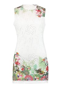 Vestido blanco sin mangas con patrones florales recortados, diseños florales impresos de colores en el dobladillo y un escote redondeado con una cremallera en la parte posterior.