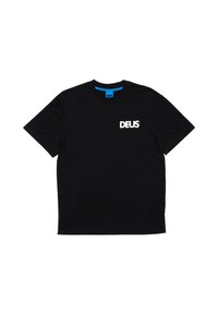 Black cotton t-shirt with short sleeves, featuring a white "DEUS" logo on the left chest and a blue label on the collar interior.