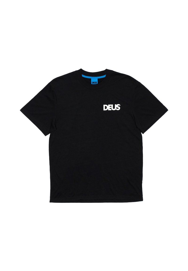 Black cotton t-shirt with short sleeves, featuring a white "DEUS" logo on the left chest and a blue label on the collar interior.