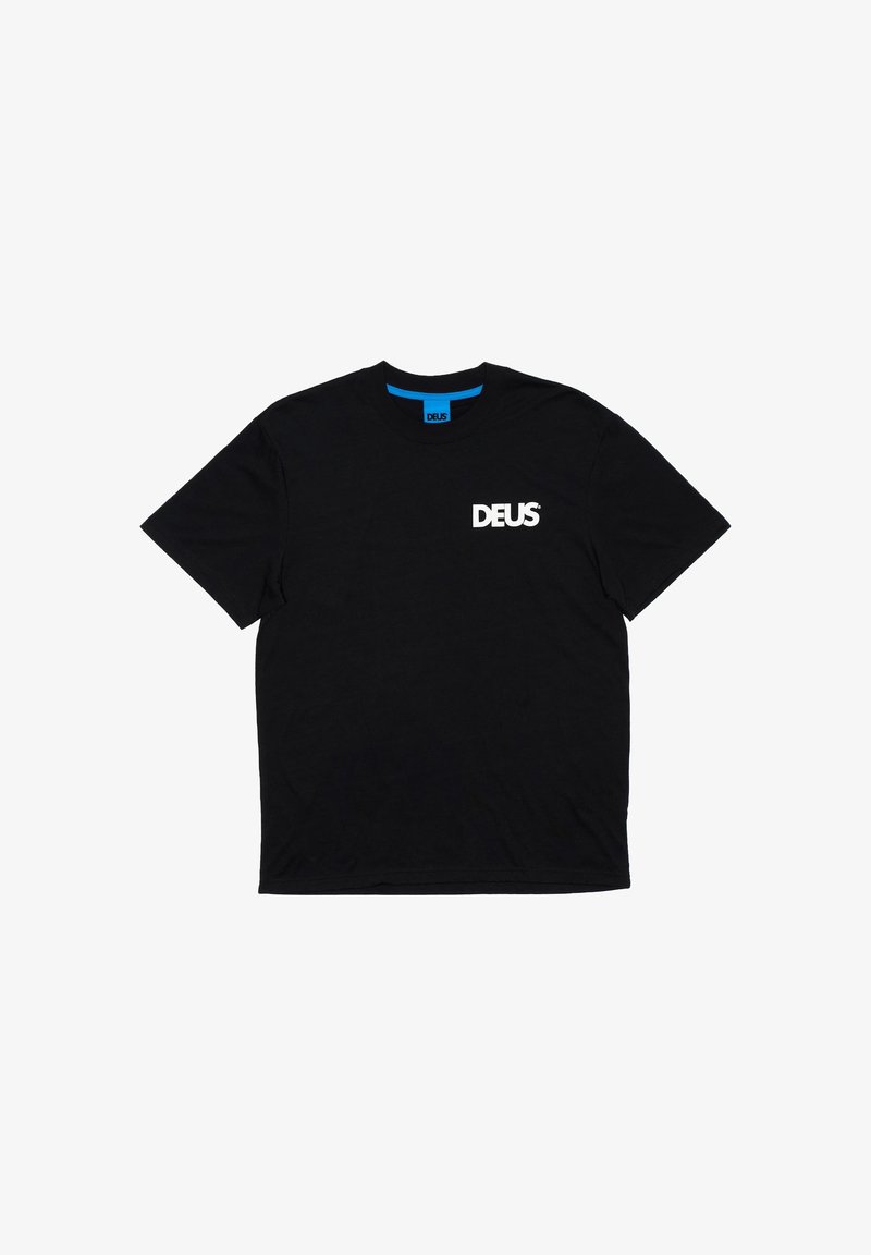 Black cotton t-shirt with short sleeves, featuring a white "DEUS" logo on the left chest and a blue label on the collar interior.