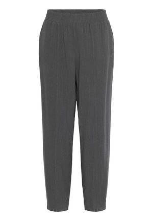 Sive hlače lagane veličine s elastičnom trakom u struku, sužene nogavice i vertikalne linije. Napravljene su od mekane, prozračne tkanine.