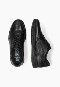 Schwarze Lederschuhe mit glatter Oberfläche, ausgestattet mit Schnürsenkeln und einem seitlichen Reißverschluss. Die Außensohle ist aus strukturiertem Gummi für besseren Halt.