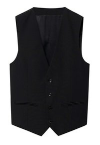 Gilet nero con scollo a V, dotato di cinque bottoni, due tasche anteriori e una texture liscia, adatto per occasioni formali.