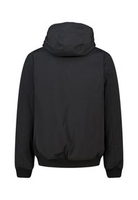 Schwarze Kapuzenjacke mit mattem, glattem Finish, gerippten Bündchen und Saum; im entspannten Schnitt ohne sichtbare Logos oder Verzierungen entworfen.