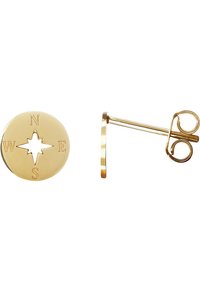 Guldkompass stiftörhänge har en cirkulär design med ingraverade bokstäver N, E, S, W runt ett stjärnmönster. Inkluderar en säker bakdel.