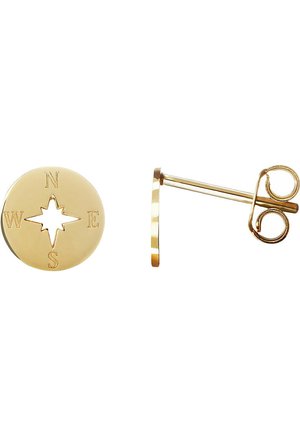 Guld kompas studørering har et cirkulært design med indgraverede bogstaver N, E, S, V rundt om et stjernemønster. Inkluderer en sikker baglåse.