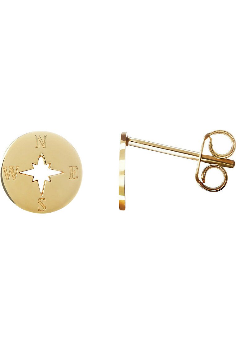 Guldkompass stiftörhänge har en cirkulär design med ingraverade bokstäver N, E, S, W runt ett stjärnmönster. Inkluderar en säker bakdel.