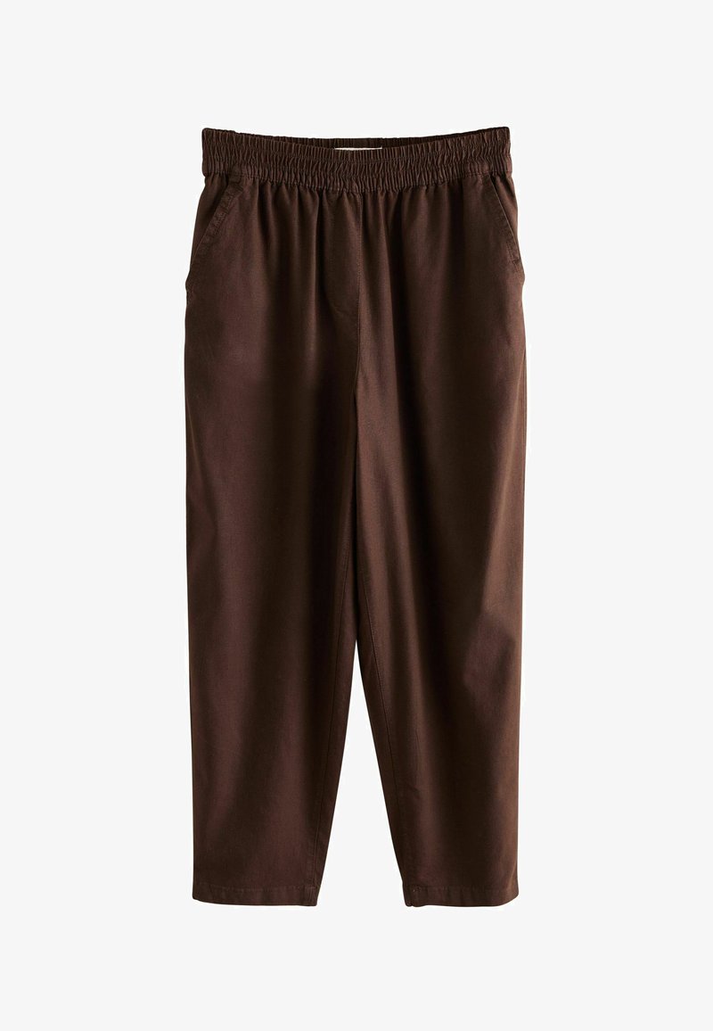 Pantalon marron décontracté avec taille élastique et poches latérales présenté sur fond blanc.