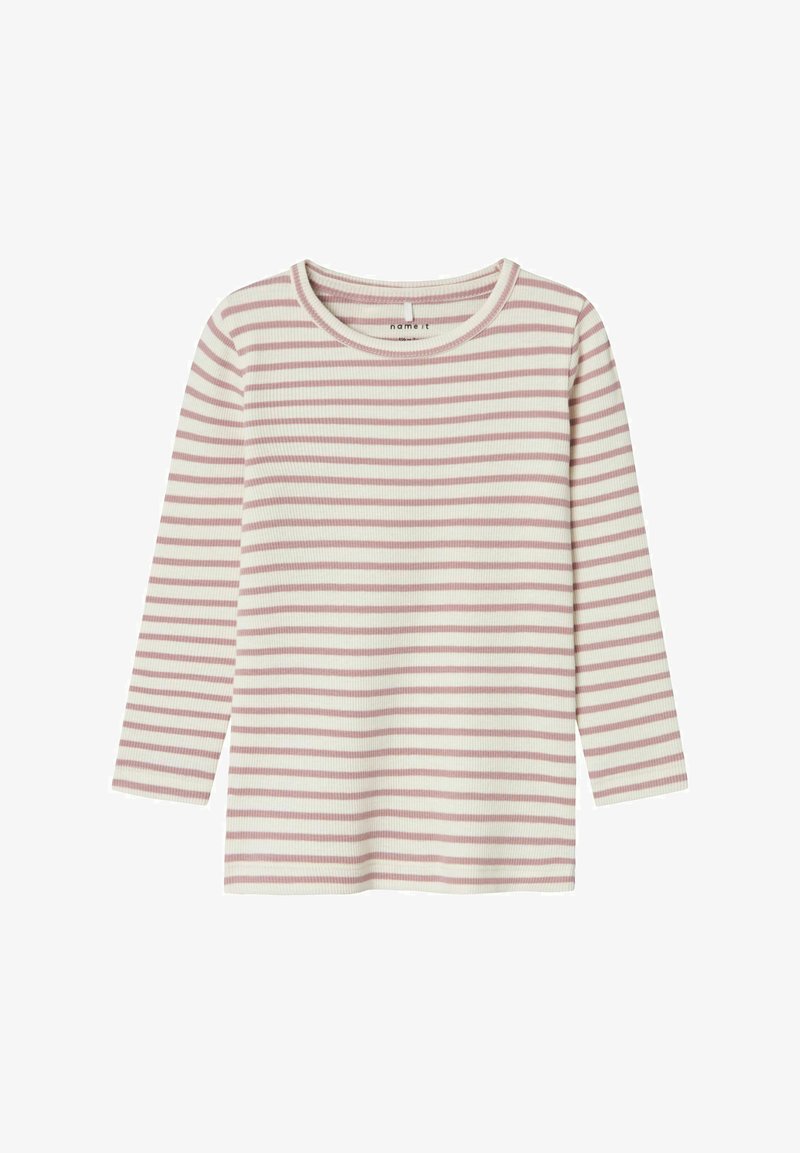 Langärmliges gestreiftes Oberteil in Creme mit rosa Streifen. Verfügt über eine gerippte Textur und einen runden Halsausschnitt. Sauberer, gerade geschnittener Saum.