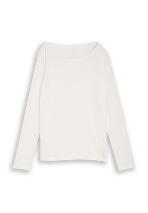 Effen wit shirt met lange mouwen en een ronde hals, plat gelegd op een witte achtergrond.