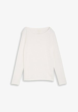 Schlichtes weißes Langarmshirt mit rundem Halsausschnitt, flach auf einem weißen Hintergrund präsentiert.