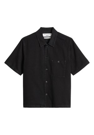 Black short-sleeve button-up shirt with a collar and single buttoned chest pocket made from denim fabric.