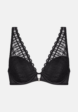 Soutien-gorge en dentelle noire avec un décolleté en V profond, des bords festonnés et un petit fermoir central, orné d'un motif floral texturé sur les bonnets.