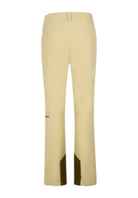 Beige outdoor pants with a flat waistband, brown accents at the bottom, and a logo on the left leg. Smooth texture and straight fit.