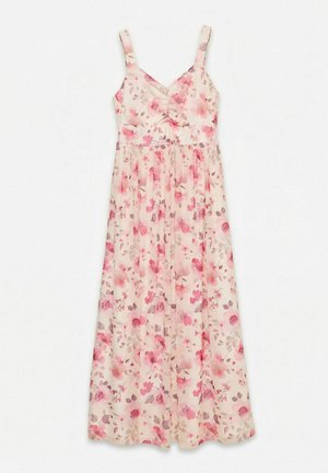 Duga haljina bez rukava s ružičastim cvjetnim uzorkom na svijetlo bež pozadini, s naboranim prsnim dijelom i krojenim strukom.