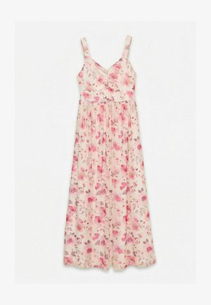 Robe longue sans manches avec motif floral rose sur fond beige clair, présentant un bustier froncé et une taille cintrée.