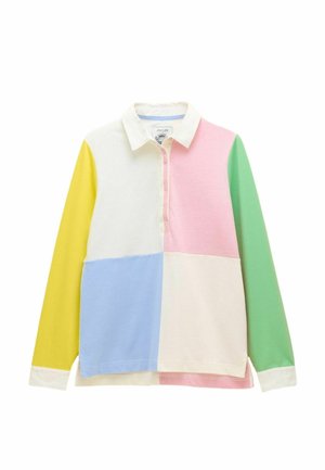 Color-blocked long-sleeve polo shirt featuring yellow, blue, pink, and green panels; cotton fabric; buttoned placket; collar.