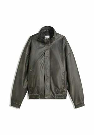 Dark green leather jacket with a high collar, zip closure, two front pockets, elasticized waistband, and smooth texture.