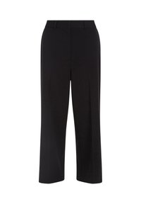 Svarta, vida byxor i mjukt, lätt tyg; har en slät front, bälteshällor och två sidofickor.