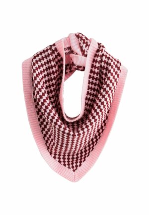 Fulard triunghiular legat în roz și burgund. Prezintă un tricot cu textură și un model carat, cu margini netede roz.