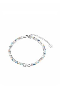 Pulsera de cadena de plata que presenta cuentas coloridas en tonos pastel, intercaladas con un símbolo de infinito suave y un cierre ajustable.