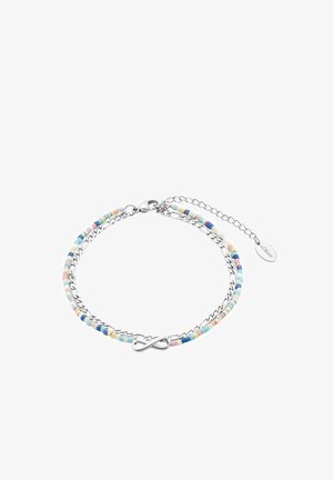 Srebrna bransoletka łańcuszkowa z kolorowymi koralikami w pastelowych odcieniach, przeplatana gładkim symbolem nieskończoności i regulowanym zapięciem.