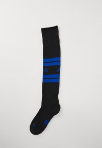 Svarta knästrumpor i klassisk längd med två horisontella blå ränder, prydda med en logodetalj i blått på den nedre delen. Tillverkade av ett mjukt, flexibelt material.