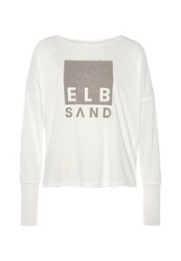 White long-sleeve shirt featuring a square graphic with the text "ELB SAND" in gray. Soft fabric with a relaxed fit and wide neckline.