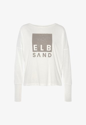 Weiße langärmelige Bluse mit einem quadratischen Grafikdesign, auf dem der Text "ELB SAND" in Grau steht. Weicher Stoff mit entspannter Passform und weitem Halsauschnitt.