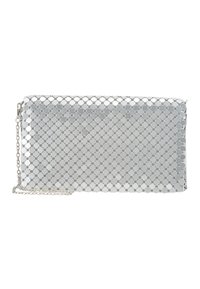 Silberne Mesh-Clutch mit hexagonalen Mustern, ausgestattet mit einer Kettenriemen und flacher Silhouette. Glatte Textur mit metallischem Glanz.